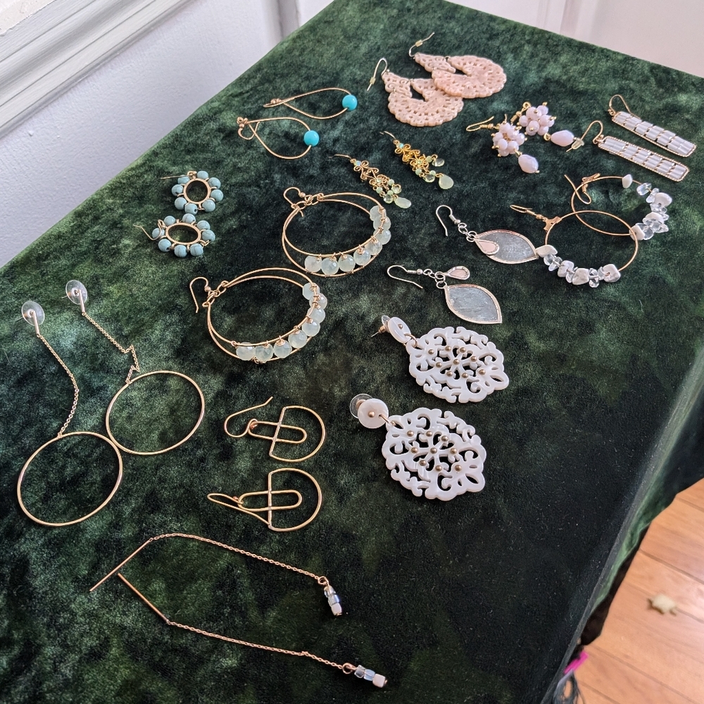 Huge Lot Of 13 Gold tone And Pastel Spring Earrings